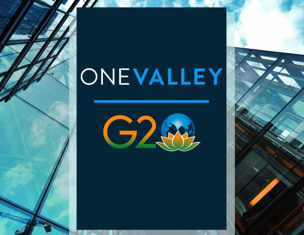 G20 2023 and Onevalley logos with buildings